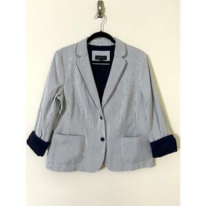Talbots Blazer Women 14 Blue White Pinstriped Lined Career Office Nautical